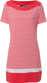 Stripe Tunic - neckline: round neck; pattern: horizontal stripes; style: tunic; secondary colour: white; predominant colour: coral; occasions: casual; fibres: viscose/rayon - stretch; fit: body skimming; length: mid thigh; sleeve length: short sleeve; sleeve style: standard; pattern type: fabric; pattern size: small & busy; texture group: jersey - stretchy/drapey