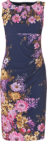 Vintage Floral, Violet - style: shift; length: below the knee; neckline: round neck; fit: tailored/fitted; sleeve style: sleeveless; waist detail: twist front waist detail/nipped in at waist on one side/soft pleats/draping/ruching/gathering waist detail; secondary colour: pink; predominant colour: navy; occasions: evening, work, occasion; fibres: polyester/polyamide - stretch; sleeve length: sleeveless; trends: high impact florals, glamorous day shifts; pattern type: fabric; pattern size: big & busy; pattern: florals; texture group: jersey - stretchy/drapey