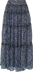 Paisley Maxi Skirt, Ink - fit: body skimming; pattern: paisley; waist: mid/regular rise; secondary colour: white; predominant colour: navy; occasions: casual, holiday; length: floor length; style: maxi skirt; fibres: polyester/polyamide - 100%; texture group: sheer fabrics/chiffon/organza etc.; hip detail: ruffles/tiers/tie detail at hip; pattern type: fabric; pattern size: big & busy