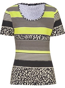 Print T Shirt, Black/Beige - neckline: round neck; pattern: horizontal stripes; style: t-shirt; secondary colour: lime; predominant colour: black; occasions: casual, holiday; length: standard; fibres: cotton - 100%; fit: body skimming; sleeve length: short sleeve; sleeve style: standard; pattern type: fabric; pattern size: standard; texture group: jersey - stretchy/drapey