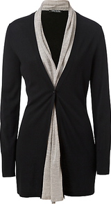 Waterfall Front Cardigan. Black/Beige - pattern: plain; neckline: shawl; hip detail: fitted at hip; shoulder detail: contrast pattern/fabric at shoulder; bust detail: ruching/gathering/draping/layers/pintuck pleats at bust; predominant colour: black; occasions: casual, evening, work; style: standard; fibres: viscose/rayon - stretch; fit: standard fit; length: mid thigh; waist detail: fitted waist; sleeve length: long sleeve; sleeve style: standard; texture group: knits/crochet; pattern type: knitted - other; pattern size: standard