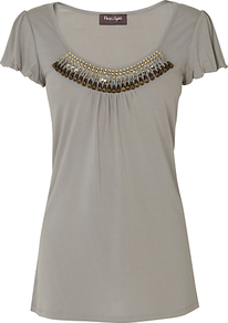 Alicia Embellished Top, Grey - sleeve style: angel/waterfall; pattern: plain; bust detail: added detail/embellishment at bust; length: below the bottom; predominant colour: mid grey; occasions: casual, evening, work; style: top; neckline: scoop; fibres: viscose/rayon - 100%; fit: body skimming; sleeve length: short sleeve; pattern type: fabric; texture group: jersey - stretchy/drapey; embellishment: beading