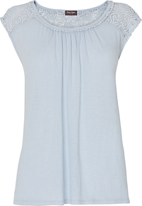 Colleen Crochet Top, Sky - neckline: round neck; sleeve style: capped; pattern: plain; shoulder detail: contrast pattern/fabric at shoulder; back detail: contrast pattern/fabric at back; bust detail: ruching/gathering/draping/layers/pintuck pleats at bust; predominant colour: pale blue; occasions: casual, work, holiday; length: standard; style: top; fibres: linen - mix; fit: straight cut; sleeve length: short sleeve; pattern type: fabric; texture group: jersey - stretchy/drapey; embellishment: lace