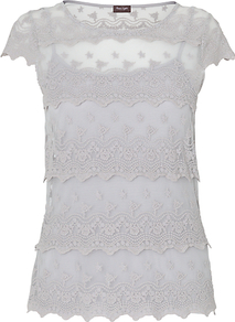 Maura Lace Top, Silver - neckline: round neck; sleeve style: capped; pattern: plain; predominant colour: mid grey; occasions: casual, evening, work; length: standard; style: top; fibres: cotton - mix; fit: straight cut; sleeve length: sleeveless; texture group: lace; pattern type: fabric; embellishment: embroidered