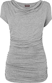 Made In Italy Tallie Top, Grey Marl - neckline: cowl/draped neck; sleeve style: capped; pattern: plain; length: below the bottom; waist detail: twist front waist detail/nipped in at waist on one side/soft pleats/draping/ruching/gathering waist detail; predominant colour: mid grey; occasions: casual, work, holiday; style: top; fibres: viscose/rayon - stretch; fit: body skimming; hip detail: ruching/gathering at hip; shoulder detail: flat/draping pleats/ruching/gathering at shoulder; sleeve length: short sleeve; pattern type: fabric; texture group: jersey - stretchy/drapey