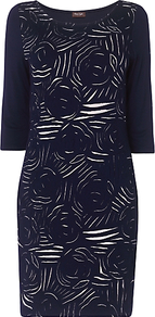 Rose Tunic Dress, Violet/Pebble - style: shift; neckline: round neck; predominant colour: indigo; occasions: evening, work, occasion; length: just above the knee; fit: body skimming; fibres: viscose/rayon - stretch; sleeve length: 3/4 length; sleeve style: standard; trends: glamorous day shifts; pattern type: fabric; pattern size: big & busy; pattern: florals; texture group: jersey - stretchy/drapey