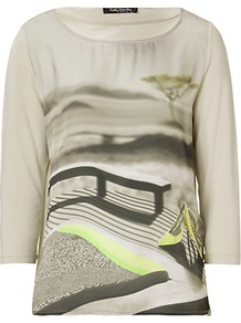 Print Top, Beige/Black - neckline: round neck; predominant colour: stone; occasions: casual; length: standard; style: top; fibres: cotton - 100%; fit: body skimming; sleeve length: 3/4 length; sleeve style: standard; pattern type: fabric; pattern size: standard; pattern: patterned/print; texture group: jersey - stretchy/drapey