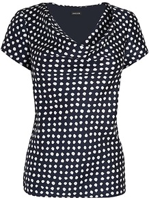 Cowl Neck Spot Blouse, Navy - neckline: cowl/draped neck; pattern: polka dot; bust detail: ruching/gathering/draping/layers/pintuck pleats at bust; secondary colour: white; predominant colour: navy; occasions: casual, work; length: standard; style: top; fibres: silk - mix; fit: body skimming; sleeve length: short sleeve; sleeve style: standard; texture group: silky - light; pattern type: fabric; pattern size: small & busy