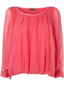 Devany Silk Blouse, Azalea - neckline: round neck; pattern: plain; style: blouse; bust detail: ruching/gathering/draping/layers/pintuck pleats at bust; predominant colour: coral; occasions: casual, holiday; length: standard; fibres: silk - 100%; fit: loose; sleeve length: 3/4 length; sleeve style: standard; texture group: sheer fabrics/chiffon/organza etc.; pattern type: fabric