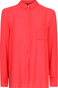 Sheer Loose Fit Blouse, Coral - neckline: shirt collar/peter pan/zip with opening; pattern: plain; style: blouse; predominant colour: coral; occasions: casual, work; length: standard; fibres: polyester/polyamide - 100%; fit: straight cut; sleeve length: long sleeve; sleeve style: standard; texture group: sheer fabrics/chiffon/organza etc.; pattern type: fabric