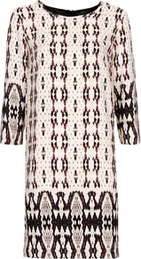 Tile Print Smock Dress, Nude - style: shift; predominant colour: nude; secondary colour: black; occasions: evening, occasion; length: just above the knee; fit: straight cut; fibres: polyester/polyamide - 100%; neckline: crew; back detail: crossover; sleeve length: 3/4 length; sleeve style: standard; pattern type: fabric; pattern size: big & busy; pattern: patterned/print