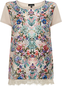 Floral Print Lace Hem Top, Multi - neckline: round neck; style: t-shirt; occasions: casual, evening, work, holiday; length: standard; fibres: polyester/polyamide - 100%; fit: straight cut; bust detail: contrast pattern/fabric/detail at bust; predominant colour: multicoloured; sleeve length: short sleeve; sleeve style: standard; texture group: lace; trends: statement prints; pattern type: fabric; pattern size: small & busy; pattern: patterned/print