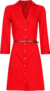 Shirt Dress, Red - style: shirt; length: mid thigh; neckline: shirt collar/peter pan/zip with opening; pattern: plain; waist detail: belted waist/tie at waist/drawstring; predominant colour: true red; occasions: evening, work; fit: body skimming; fibres: cotton - stretch; sleeve length: 3/4 length; sleeve style: standard; texture group: cotton feel fabrics; pattern type: fabric