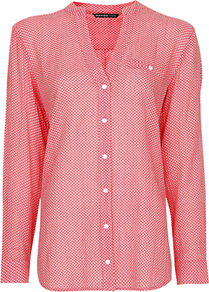 Printed Cotton Shirt, Coral - neckline: v-neck; length: below the bottom; style: shirt; predominant colour: coral; occasions: casual; fibres: cotton - 100%; fit: loose; sleeve length: long sleeve; sleeve style: standard; texture group: cotton feel fabrics; pattern type: fabric; pattern size: small & busy; pattern: patterned/print