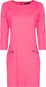 Zipper Jersey Dress, Geranuim - style: shift; length: mid thigh; neckline: round neck; fit: fitted at waist; pattern: plain; waist detail: fitted waist; hip detail: front pockets at hip; bust detail: ruching/gathering/draping/layers/pintuck pleats at bust; secondary colour: black; occasions: casual, evening, work, occasion, holiday; sleeve length: 3/4 length; sleeve style: standard; trends: glamorous day shifts; pattern type: fabric; texture group: jersey - stretchy/drapey; predominant colour: dusky pink; fibres: viscose/rayon - mix