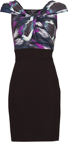 Printed Panel Dress, Purple - length: mid thigh; neckline: v-neck; fit: tight; sleeve style: sleeveless; style: bodycon; bust detail: knot twist front detail at bust; secondary colour: purple; predominant colour: black; occasions: evening; fibres: polyester/polyamide - stretch; shoulder detail: flat/draping pleats/ruching/gathering at shoulder; sleeve length: sleeveless; texture group: jersey - clingy; pattern type: fabric; pattern size: standard; pattern: patterned/print
