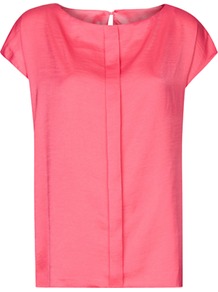 Pleated Loose Blouse - neckline: slash/boat neckline; sleeve style: capped; pattern: plain; style: blouse; predominant colour: coral; occasions: casual, evening, work; length: standard; fibres: polyester/polyamide - 100%; fit: loose; back detail: keyhole/peephole detail at back; sleeve length: short sleeve; texture group: silky - light; pattern type: fabric