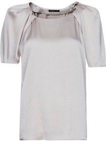 Pleated Blouse, Stone - neckline: round neck; pattern: plain; length: below the bottom; style: blouse; predominant colour: stone; occasions: evening, work, occasion; fibres: polyester/polyamide - 100%; fit: loose; shoulder detail: structured/bulky pleats/bulky detail at shoulder; sleeve length: short sleeve; sleeve style: standard; texture group: silky - light; pattern type: fabric