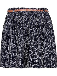 Dot Print Mini Skirt, Navy - length: mid thigh; fit: loose/voluminous; pattern: polka dot; waist detail: belted waist/tie at waist/drawstring; waist: mid/regular rise; secondary colour: white; predominant colour: navy; occasions: casual, holiday; style: mini skirt; fibres: polyester/polyamide - 100%; hip detail: ruching/gathering at hip; texture group: cotton feel fabrics; pattern type: fabric; pattern size: small & light