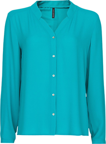 Loose Fit Blouse, Emerald Green - pattern: plain; style: blouse; predominant colour: turquoise; occasions: casual, evening, work; length: standard; neckline: mandarin with v-neck; fibres: polyester/polyamide - 100%; fit: loose; sleeve length: long sleeve; sleeve style: standard; texture group: sheer fabrics/chiffon/organza etc.; pattern type: fabric