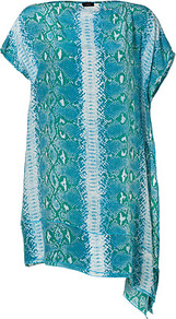 Emerald Multi Snake Print Elle Dress - neckline: slash/boat neckline; sleeve style: dolman/batwing; fit: loose; predominant colour: teal; secondary colour: light grey; occasions: casual, evening, holiday; length: just above the knee; style: asymmetric (hem); fibres: silk - 100%; hip detail: soft pleats at hip/draping at hip/flared at hip; sleeve length: short sleeve; texture group: sheer fabrics/chiffon/organza etc.; trends: statement prints; pattern type: fabric; pattern size: big & busy; pattern: animal print