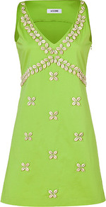 Lime Green Seashell Embroidered Cotton Blend Dress - style: shift; length: mid thigh; neckline: low v-neck; pattern: plain; sleeve style: sleeveless; bust detail: added detail/embellishment at bust; predominant colour: lime; occasions: evening, occasion; fit: soft a-line; fibres: cotton - mix; sleeve length: sleeveless; texture group: cotton feel fabrics; trends: fluorescent; pattern type: fabric; embellishment: beading