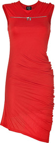 Cadmium Red Asymmetrical Jersey Dress - pattern: plain; sleeve style: sleeveless; bust detail: added detail/embellishment at bust; waist detail: fitted waist; predominant colour: true red; occasions: evening, occasion; length: just above the knee; fit: body skimming; style: asymmetric (hem); fibres: viscose/rayon - 100%; neckline: crew; hip detail: ruching/gathering at hip; sleeve length: sleeveless; pattern type: fabric; texture group: jersey - stretchy/drapey