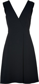 Navy Fake Wrap Style Dress - style: faux wrap/wrap; neckline: low v-neck; fit: empire; pattern: plain; sleeve style: sleeveless; waist detail: fitted waist; back detail: low cut/open back; predominant colour: black; occasions: evening, occasion; length: just above the knee; fibres: polyester/polyamide - mix; hip detail: soft pleats at hip/draping at hip/flared at hip; sleeve length: sleeveless; texture group: crepes; pattern type: fabric