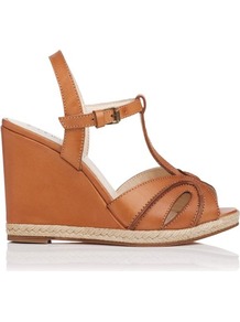 Milos Leather T Bar Wedge Tan - predominant colour: tan; occasions: casual, holiday; material: leather; heel height: high; embellishment: buckles; ankle detail: ankle strap; heel: wedge; toe: open toe/peeptoe; style: strappy; finish: plain; pattern: plain