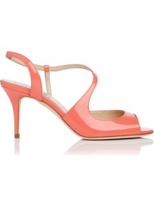 Palmita Patent Leather Asymmetric Strappy Sandal Orange Peach - predominant colour: coral; occasions: evening, occasion; material: leather; heel height: high; ankle detail: ankle strap; heel: stiletto; toe: open toe/peeptoe; style: strappy; finish: patent; pattern: plain