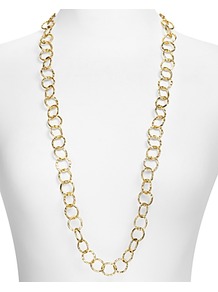 Long Hammered Circle Chain Necklace - predominant colour: gold; occasions: evening, work, occasion, holiday; style: standard; length: long; size: standard; material: chain/metal; trends: metallics; finish: plain; embellishment: chain/metal