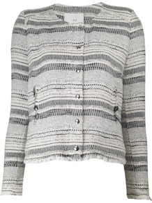 Lizzie Jacket - pattern: horizontal stripes; collar: round collar/collarless; style: boxy; predominant colour: ivory; occasions: casual, work; length: standard; fit: straight cut (boxy); fibres: cotton - mix; sleeve length: long sleeve; sleeve style: standard; collar break: high; pattern type: fabric; pattern size: standard; texture group: woven light midweight