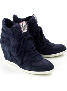 Bowie Wedge Trainer In Navy - predominant colour: navy; occasions: casual; material: suede; heel height: mid; heel: wedge; toe: round toe; boot length: ankle boot; style: high top; trends: sporty redux; finish: plain; pattern: plain