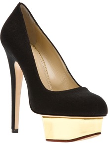 'Dolly' Pump - secondary colour: gold; predominant colour: black; occasions: evening, occasion; material: fabric; heel: platform; toe: round toe; style: courts; finish: plain; pattern: plain; heel height: very high