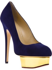 'Dolly' Pump - predominant colour: royal blue; secondary colour: gold; occasions: evening, occasion; material: suede; heel: platform; toe: round toe; style: courts; finish: plain; pattern: plain; heel height: very high