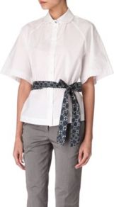 Belted Shirt - neckline: shirt collar/peter pan/zip with opening; pattern: plain; style: shirt; waist detail: belted waist/tie at waist/drawstring; predominant colour: white; secondary colour: navy; occasions: casual, work; length: standard; fibres: cotton - 100%; fit: tailored/fitted; sleeve length: half sleeve; sleeve style: standard; texture group: cotton feel fabrics; pattern type: fabric
