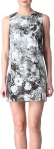 Botanical Print Dress - style: shift; length: mini; sleeve style: sleeveless; predominant colour: charcoal; secondary colour: light grey; occasions: evening, holiday; fit: soft a-line; fibres: cotton - 100%; neckline: crew; sleeve length: sleeveless; texture group: cotton feel fabrics; trends: high impact florals; pattern type: fabric; pattern size: big & busy; pattern: florals