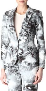 Floral Blazer - style: single breasted blazer; collar: standard lapel/rever collar; secondary colour: turquoise; predominant colour: charcoal; occasions: evening, work, occasion; length: standard; fit: tailored/fitted; fibres: cotton - 100%; sleeve length: long sleeve; sleeve style: standard; trends: high impact florals, statement prints; collar break: medium; pattern type: fabric; pattern size: big & busy; pattern: florals; texture group: other - light to midweight