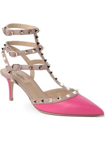 So Noir Leather Sandals - predominant colour: hot pink; secondary colour: stone; occasions: evening, occasion; material: leather; heel height: mid; embellishment: studs; ankle detail: ankle strap; heel: stiletto; toe: pointed toe; style: t-bar; finish: plain; pattern: colourblock