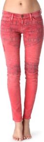 The Moto Skinny Low Rise Jeans - style: skinny leg; length: standard; pocket detail: traditional 5 pocket; waist: mid/regular rise; predominant colour: coral; occasions: casual; fibres: cotton - stretch; texture group: denim; pattern type: fabric; pattern size: small & light; pattern: patterned/print