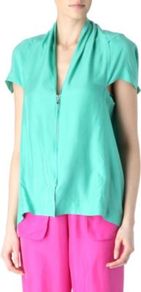 Winton Top - neckline: v-neck; pattern: plain; style: blouse; bust detail: buttons at bust (in middle at breastbone)/zip detail at bust; predominant colour: mint green; occasions: casual, evening, work, holiday; length: standard; fibres: silk - 100%; fit: loose; sleeve length: short sleeve; sleeve style: standard; texture group: silky - light; pattern type: fabric