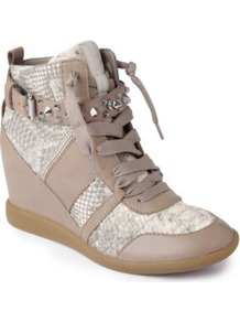 Brogan Leather Wedge Trainers - predominant colour: taupe; secondary colour: light grey; occasions: casual, evening; material: leather; heel height: mid; embellishment: buckles; heel: wedge; toe: round toe; boot length: ankle boot; style: high top; trends: sporty redux; finish: plain; pattern: animal print