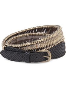 Leather And Steel Belt - predominant colour: gold; secondary colour: black; occasions: casual, evening; type of pattern: light; style: classic; size: standard; worn on: hips; material: leather; pattern: animal print; finish: plain; embellishment: chain/metal