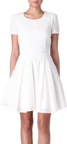 Floral Flirtation Flared Dress - neckline: round neck; pattern: plain; predominant colour: white; occasions: casual, evening, occasion, holiday; length: just above the knee; fit: fitted at waist & bust; style: fit & flare; fibres: cotton - 100%; hip detail: sculpting darts/pleats/seams at hip; sleeve length: short sleeve; sleeve style: standard; trends: volume; pattern type: fabric; embellishment: embroidered; texture group: broiderie anglais