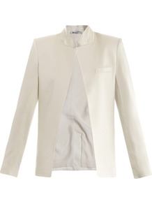 Satin Jacket - pattern: plain; style: single breasted blazer; collar: standard lapel/rever collar; predominant colour: ivory; occasions: evening, occasion; length: standard; fit: tailored/fitted; fibres: polyester/polyamide - mix; sleeve length: long sleeve; sleeve style: standard; texture group: structured shiny - satin/tafetta/silk etc.; collar break: low/open; pattern type: fabric; pattern size: standard