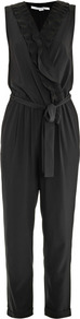 Bellini All In One - neckline: v-neck; fit: fitted at waist; pattern: plain; sleeve style: sleeveless; hip detail: side pockets at hip; waist detail: belted waist/tie at waist/drawstring; predominant colour: black; occasions: evening, work, holiday; length: ankle length; fibres: silk - 100%; sleeve length: sleeveless; texture group: silky - light; style: jumpsuit; bust detail: tiers/frills/bulky drapes/pleats; pattern type: fabric