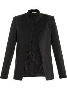 Satin Jacket - pattern: plain; style: single breasted blazer; collar: standard lapel/rever collar; predominant colour: black; occasions: evening, occasion; length: standard; fit: tailored/fitted; fibres: polyester/polyamide - mix; sleeve length: long sleeve; sleeve style: standard; texture group: structured shiny - satin/tafetta/silk etc.; collar break: low/open; pattern type: fabric; pattern size: standard
