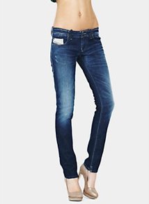 Grupee Super Skinny Jeans Vintage Wash - style: skinny leg; length: standard; pattern: plain; waist: low rise; pocket detail: traditional 5 pocket; predominant colour: navy; occasions: casual; fibres: cotton - stretch; jeans detail: whiskering, shading down centre of thigh; texture group: denim; pattern type: fabric