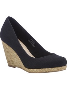 Raffia Wedge Shoes - predominant colour: black; occasions: casual, evening, work, holiday; material: fabric; heel height: high; heel: wedge; toe: round toe; style: courts; finish: plain; pattern: plain
