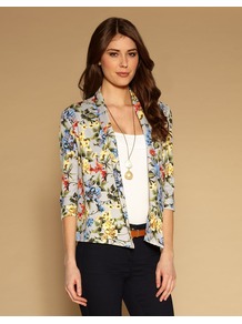 Botanical Jacket - style: single breasted blazer; collar: shawl/waterfall; occasions: casual, occasion; length: standard; fit: straight cut (boxy); fibres: viscose/rayon - stretch; predominant colour: multicoloured; sleeve length: 3/4 length; sleeve style: standard; trends: high impact florals; collar break: low/open; pattern type: fabric; pattern size: standard; pattern: florals; texture group: woven light midweight